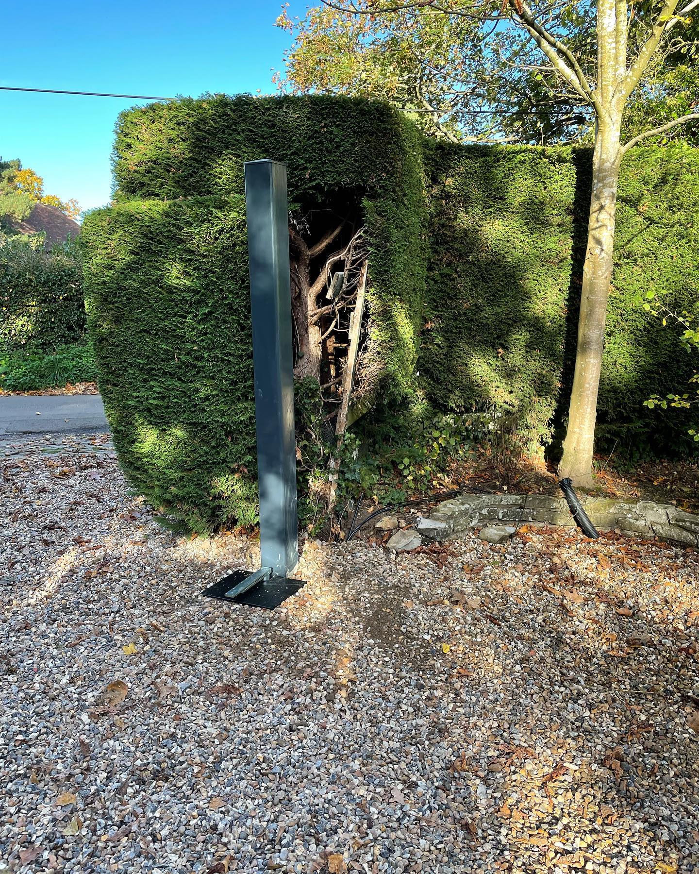 Gate access control pedestal beside a hedge-lined driveway