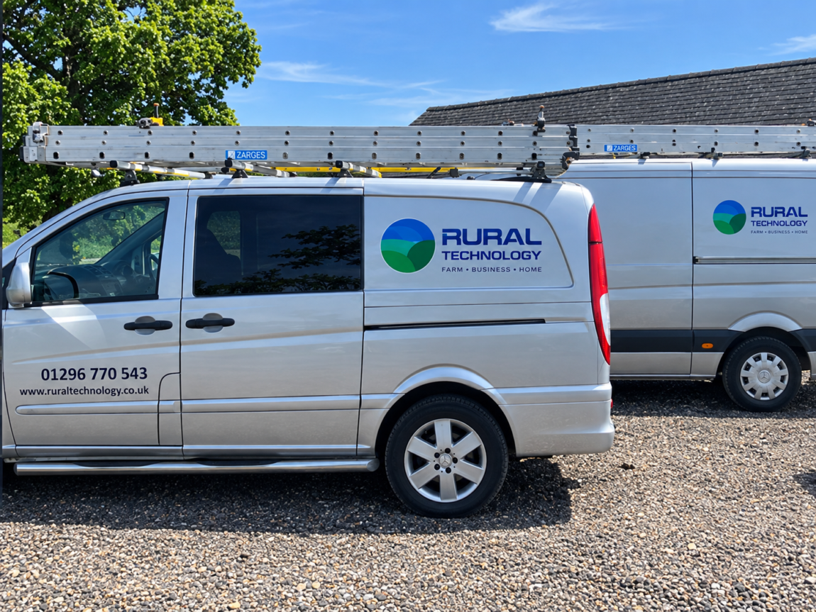 Rural Technology service vans parked at a rural property