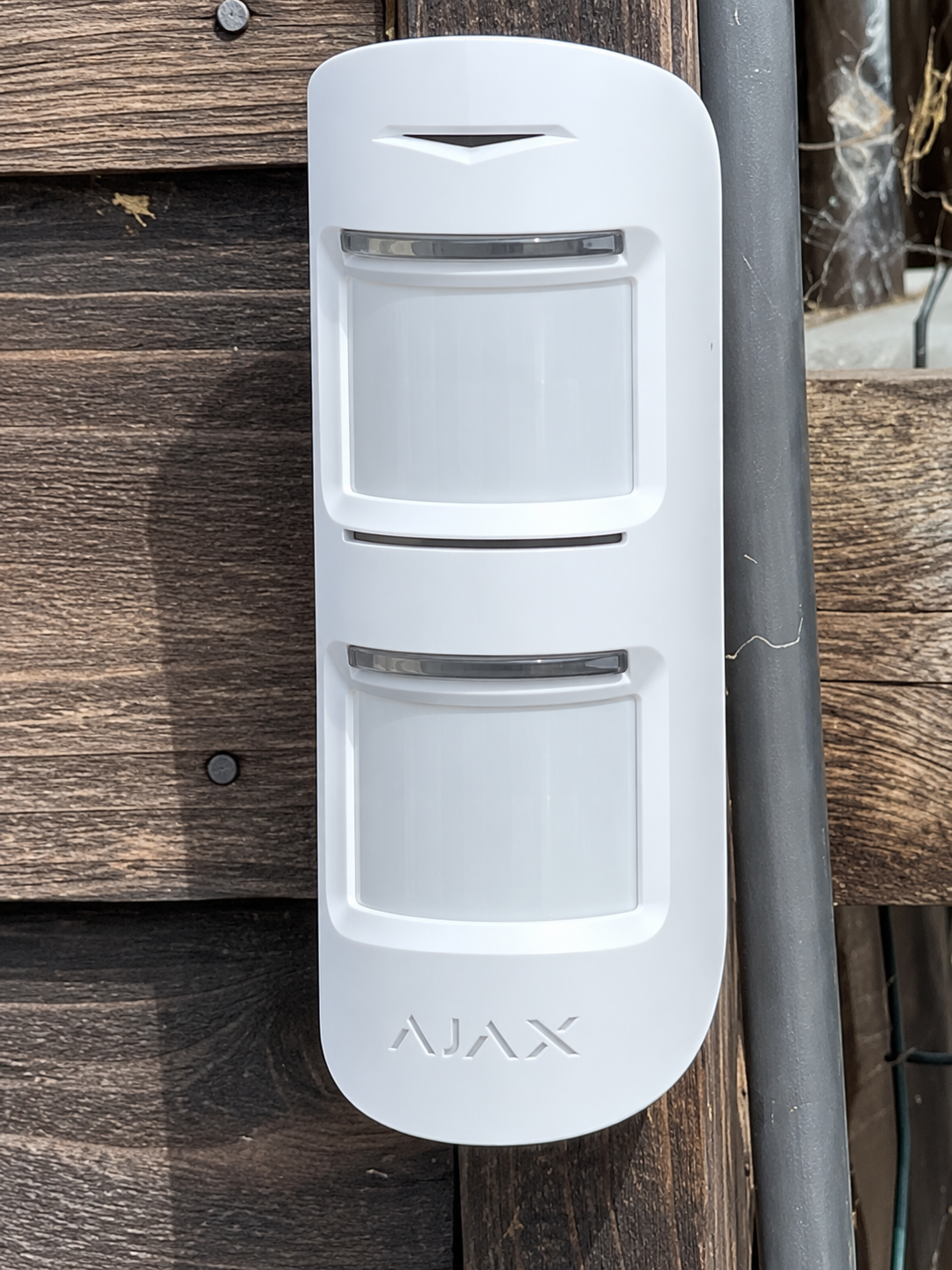 Outdoor motion detector for farmyard alarm systems mounted on a timber post