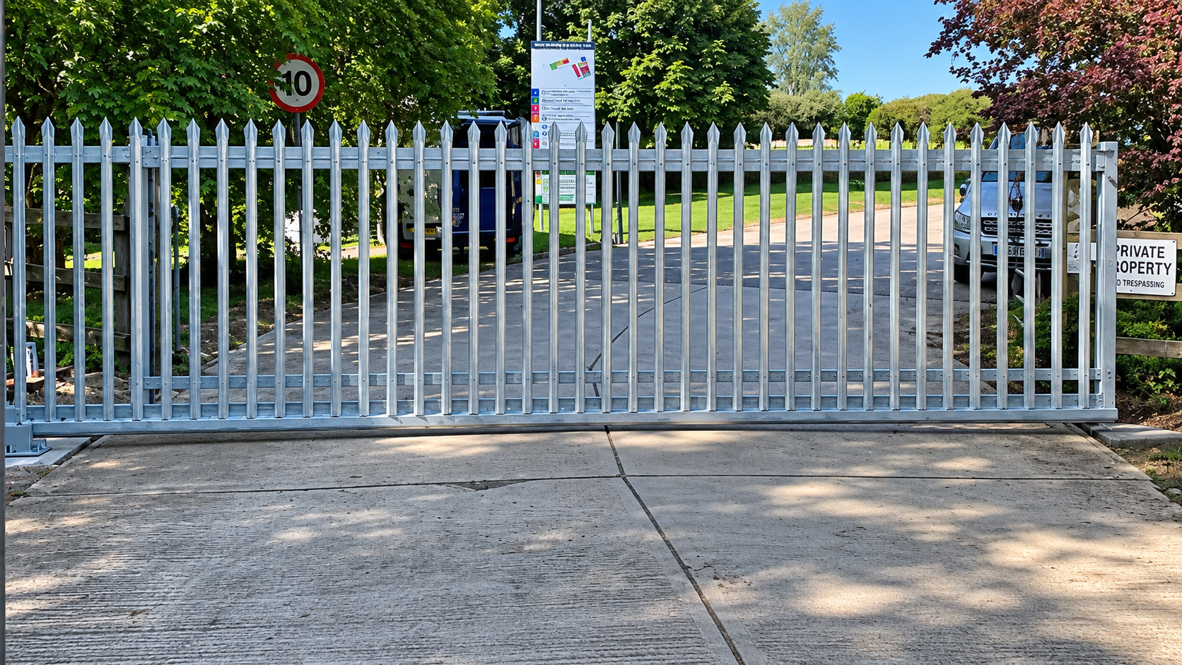 Galvanised steel security gate across a paved entrance