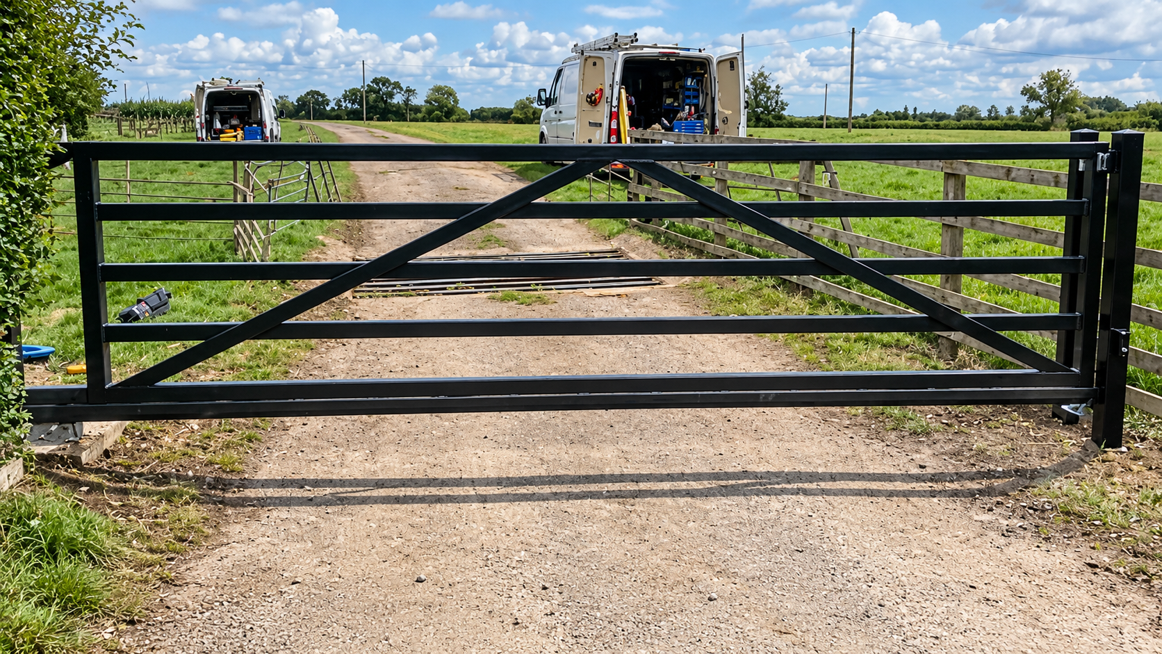 Black metal farm gate across an agricultural access track